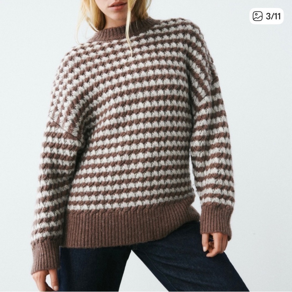ZARA Brown Ivory Striped Oversized Slouchy Wool Crewneck Knit Sweater Size L